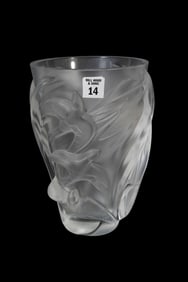 Lalique Crystal "Martinets" Vase, Frosted & Clear Tapered Vase with Doves in Flight Surrounding the
