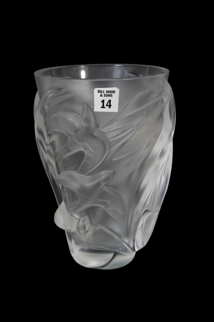 Lalique Crystal "Martinets" Vase, Frosted & Clear Tapered Vase with Doves in Flight Surrounding the (1 of 7)
