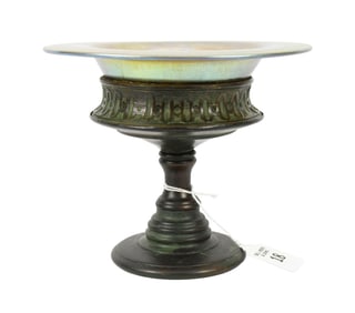 Attributed Tiffany Studios Bronze Tazza with Iridescent Glass - A tazza with a patinated bronze