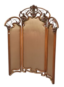 Art Nouveau 3 Panel Screen, Beautiful Floral carved and painted wood with silk panels, center panel