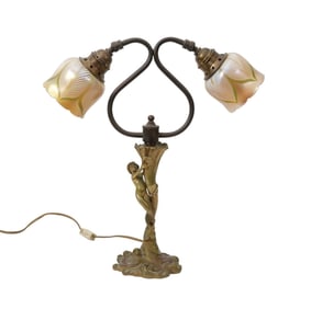 Art Nouveau Figural Bronze Lamp, Pulled Feather Glass Shades - C. 1920. Two-light lamp having a gilt