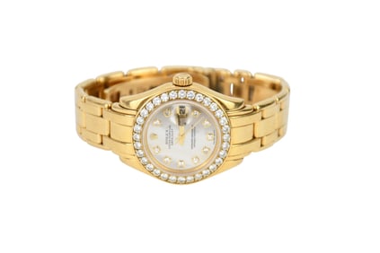 Rolex Ladies Pearlmaster Perpetual Datejust 18K Yellow Gold Watch, Diamond Bezel & MOP Diamond Dial.