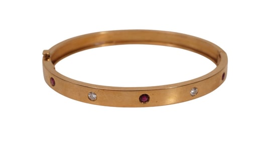 Cartier 18K Yellow Gold Bangle Bracelet with 3 Tiny Rubies and 2 Tiny Diamonds. Wt. 21.9 grams