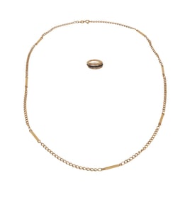 18K Yellow Gold Necklace & Ring. 18KYellow Gold Ring with 9 Calibre Sapphires and 22 Small Round