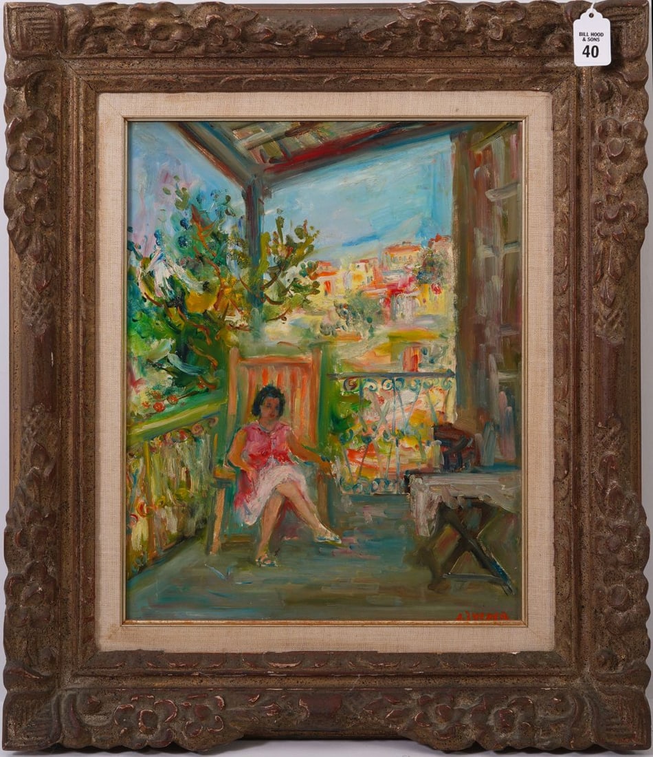 Jacques Zucker (NY/Poland, 1900-1981) oil on board, Girl on Porch, 18 x 15 inches. Provenance: The: Jacques Zucker (NY/Poland, 1900-1981) oil on board, Girl on Porch, 18 x 15 inches. Provenance: The Fox Gallery Madison Ave NY. Framed size 23" x 19.5".