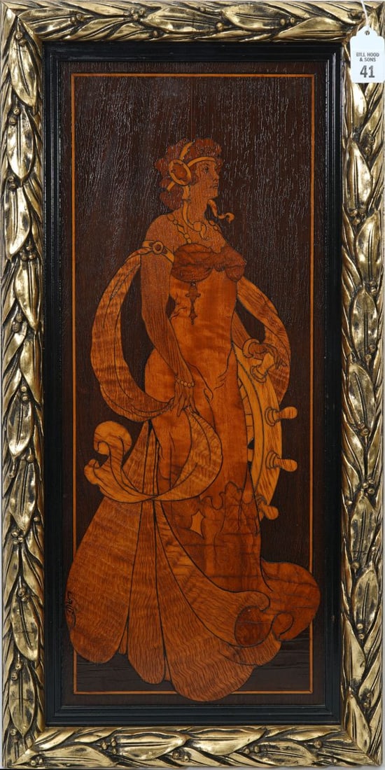 Signed Galle French Art Nouveau Figural Marquetry Plaque - Signed and attributed to Emile Galle: Signed Galle French Art Nouveau Figural Marquetry Plaque - Signed and attributed to Emile Galle (French, 1846-1904). A framed darkwood (mahogany?) panel of inlaid wood veneers, depicting an Art