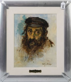 Tully Filmus (American, 1903-1998) Oil Painting on artist cardboard, Portrait of a Man with hat.  14