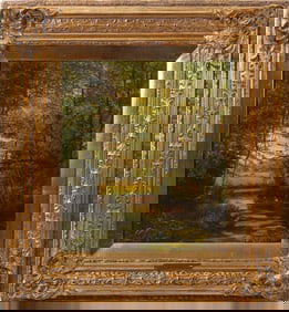 Tom Seymour (England 1844-1904) Oil on Canvas, Landscape of wooded river with Fisherman in small