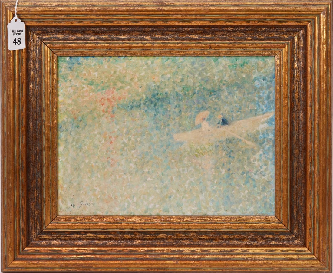 Andre Gisson (France 1921 - 2003) oil on canvas, Boaters, small repairs to canvas - size 9 x 12: Andre Gisson (France 1921 - 2003) oil on canvas, Boaters, small repairs to canvas - size 9 x 12 inches. overall frame size 17 1/2 x 14 1/2 inches.