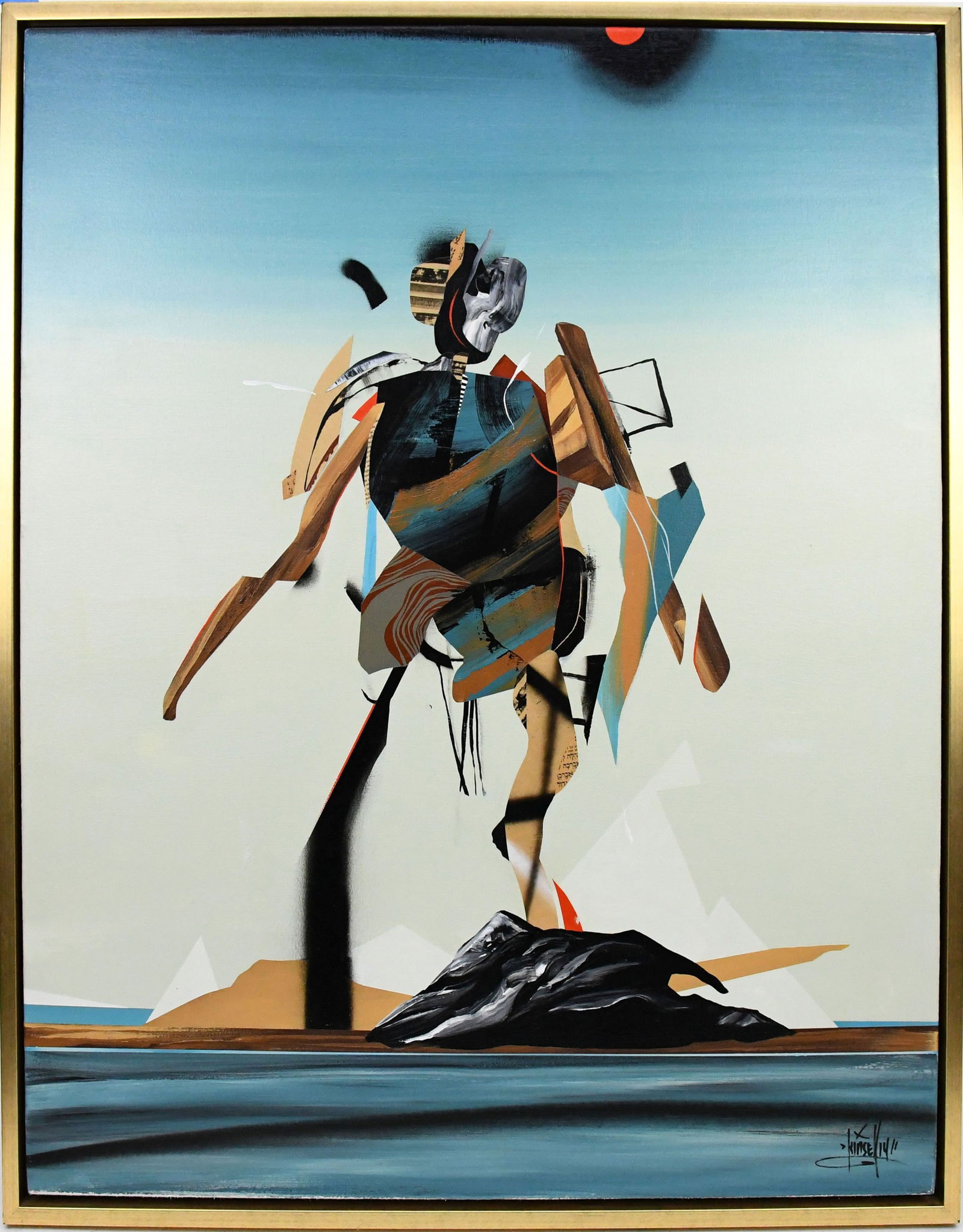 Dave Kinsey (American b. 1971) Acrylic and collage on canvas Signed lower right, Also Signed and: Dave Kinsey (American b. 1971) Acrylic and collage on canvas Signed lower right, Also Signed and Titled on verso "Guardian 2" Canvas size 40" x 34" Frame size 42" x 36"