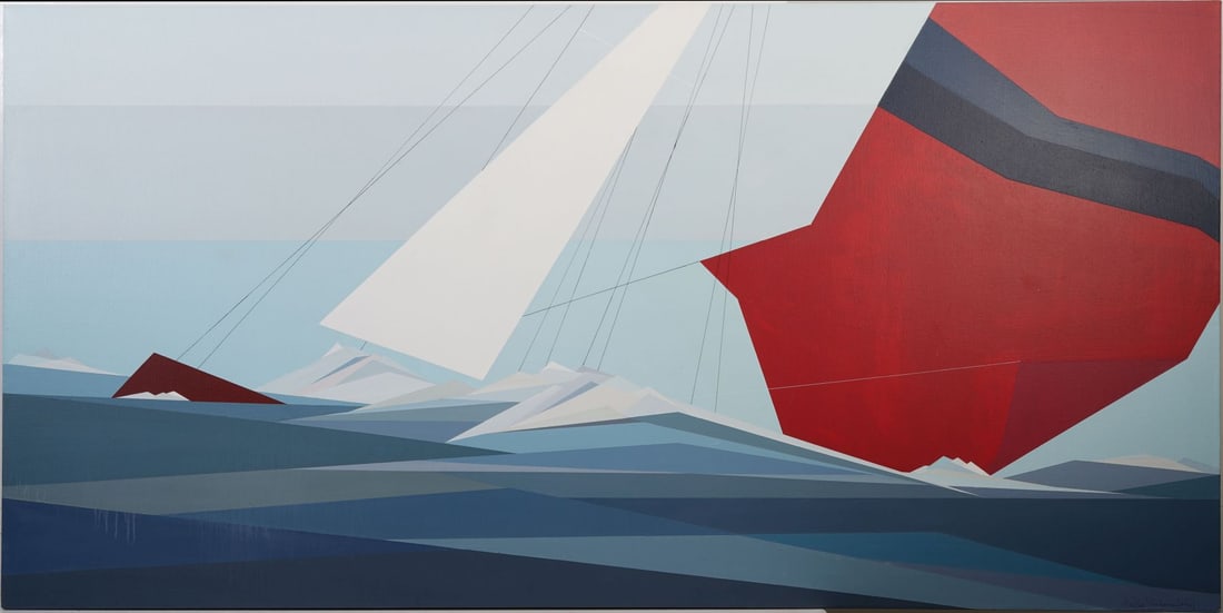 Billy Schonfeld (American 20th Century) Modernist style sailboat. Turbulent Sea II. 36x72 inches. (1 of 6)