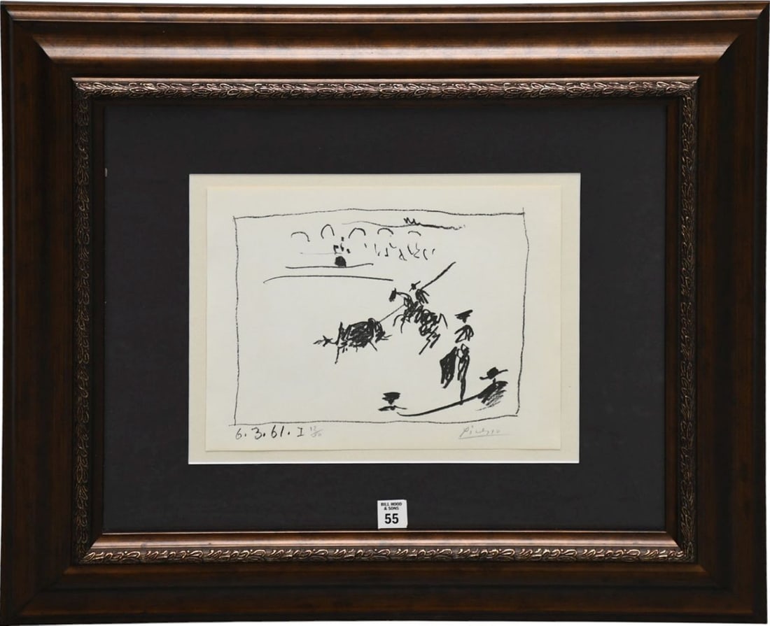 Pablo Picasso Pencil Signed Black & White Lithograph- La Pique-1961. Bullfight, 13-1/2 x 20-1/2: Pablo Picasso Pencil Signed Black & White Lithograph- La Pique-1961. Bullfight, 13-1/2 x 20-1/2 sight. overall framed size 26x31-1/2 inches