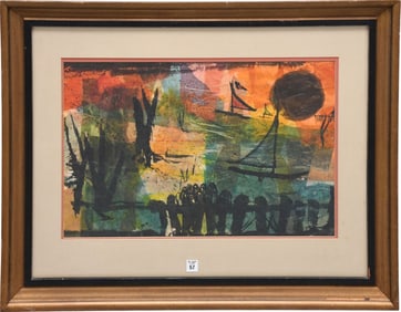 Drewes '69 Modern abstract watercolor ocean scene with sailboats American school signed Drewes '69.