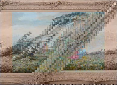 Henri Dupre (20th century) oil on canvas, landscape lady by Terrace Ruins, 24 x 36 inches. overall