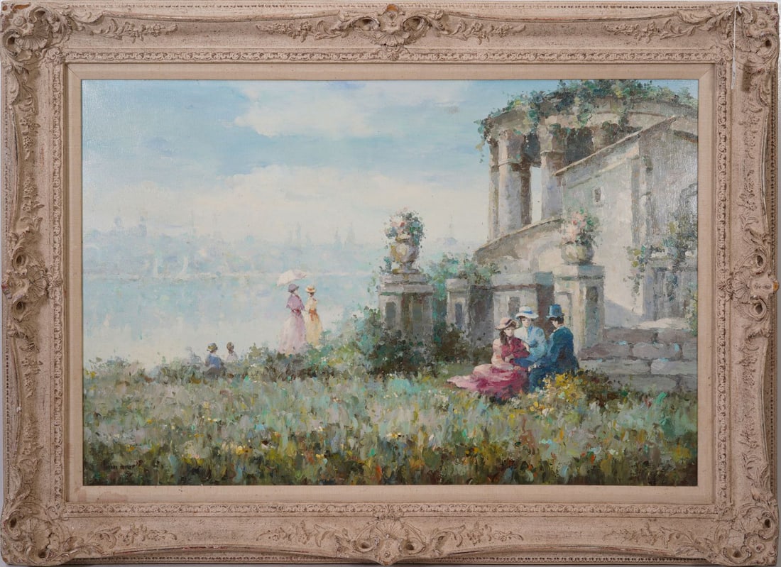 Henri Dupre (20th century) oil on canvas, landscape lady by Terrace Ruins, 24 x 36 inches. overall: Henri Dupre (20th century) oil on canvas, landscape lady by Terrace Ruins, 24 x 36 inches. overall frame size 32 x 45 inches.