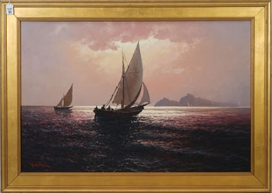 Guido Odierna (Italian, 1913 - 1991) oil on board, fishing at sunset, 24 x 36 inches. overall frame