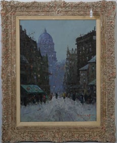 Vintage Paris Street scene markets, and people oil on artist board 24 x 18?? overall frame size 32