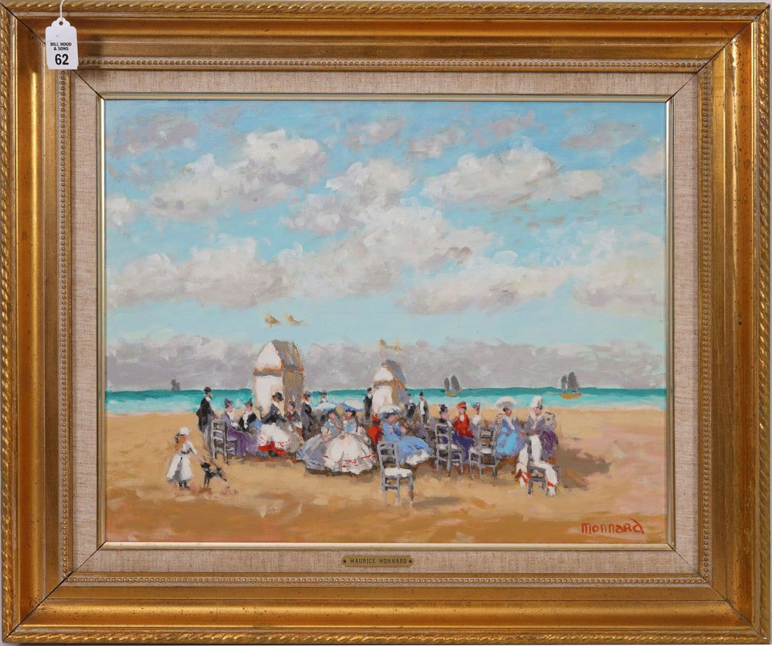 Maurice Monnard (French, 20th Century), original impressionist oil painting, French Beach Scene.: Maurice Monnard (French, 20th Century), original impressionist oil painting, French Beach Scene. Canvas 16 x 20 inches. Overall framed size approx. 22-1/2 x 26-1/2 inches