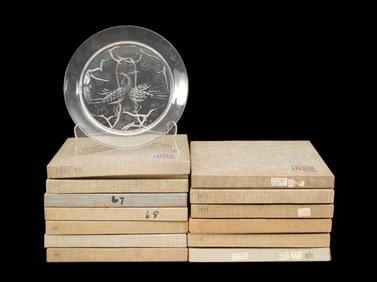 14 Lalique Crystal Annual Plates, incl; Two 1965 Birds, 1966 Flower, 1967 Fish, 1968 Ram, 1969