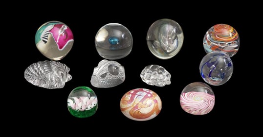 11 Assorted Paperweights, incl; Murano, Eickholt 1987, Baccarat Shell, James ? 91', Largest 3 1/2"h