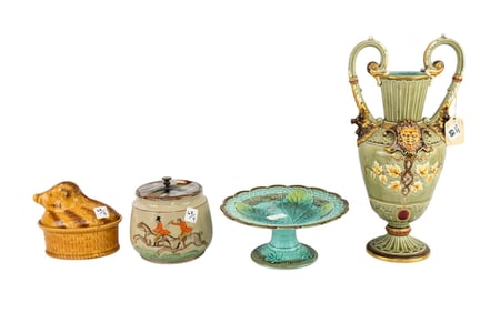 4 Pcs. Assorted Antique Pottery, (1) Majolica Blue/Green Leaf Motif Cake Stand (4"H x 10"w), (2) Art