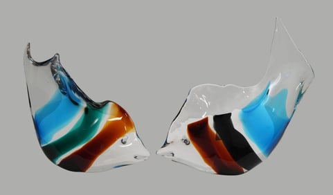 2 Art Glass Murano Cenedese Fish, Reddish/Brown & Blues, 14"h x 12"w Largest