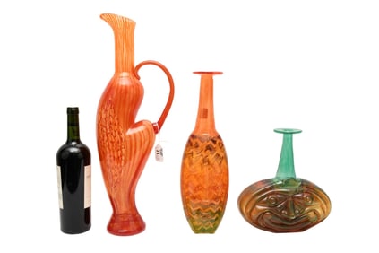 (3) Kjell Engman for Kosta Boda Art Glass Vases, Sweden - 'Corfu' Orange Pitcher & (2) Green &