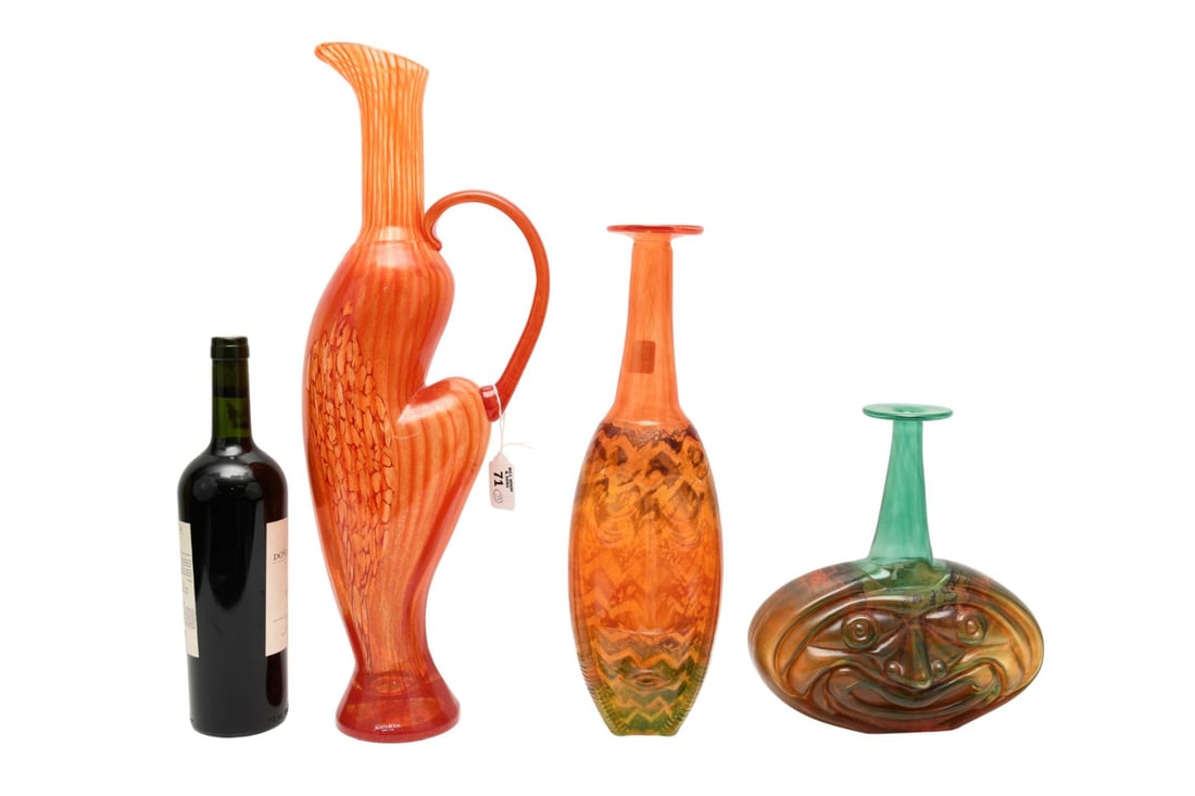 (3) Kjell Engman for Kosta Boda Art Glass Vases, Sweden - 'Corfu' Orange Pitcher & (2) Green & (1 of 8)