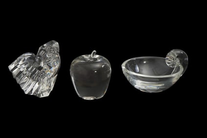 3 Steuben Crystal Tablewares, Eagle Paperweight (6"H x 4"w), Apple Paperweight, Snail Scroll Olive