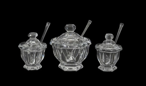 3 Baccarat Crystal Condiment Jars With Lids & Spoons, Largest 5 1/2"h x 5"w