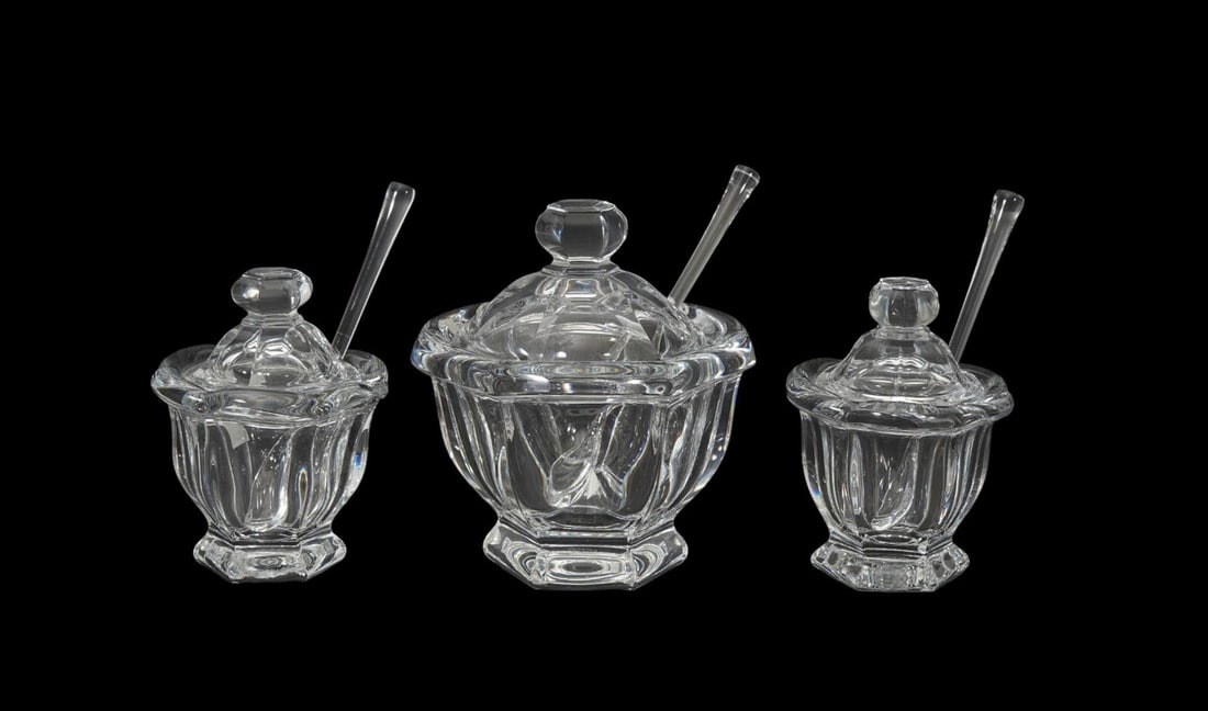 3 Baccarat Crystal Condiment Jars With Lids & Spoons, Largest 5 1/2"h x 5"w (1 of 6)