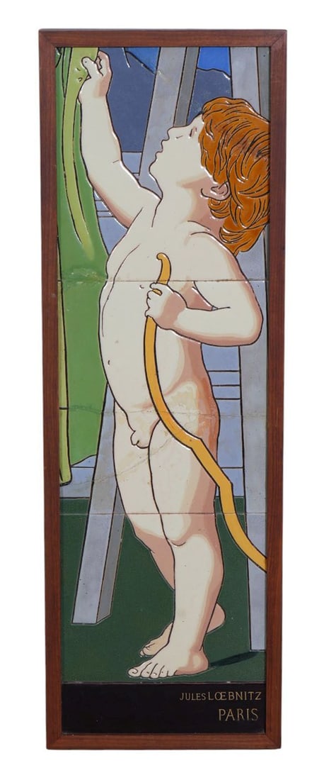 French Ceramic Panel, Jules Loebnitz (1836-1895), Child with Bow, 37 1/2"h x 12 1/2"w x 2 1/2"d): French Ceramic Panel, Jules Loebnitz (1836-1895), Child with Bow, 37 1/2"h x 12 1/2"w x 2 1/2"d) (Has Repairs/cracks)