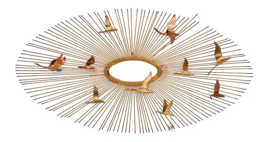 Oval Brass Wall Sculpture in Manner of Curtis Jere, Wire With Birds, 38" x 22"