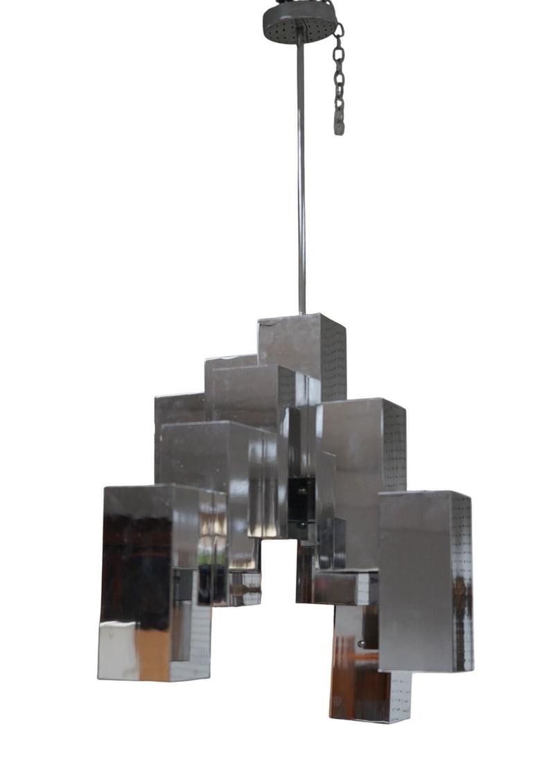 Mid-Century 10-Light Chrome Cubist 'Cityscape' Chandelier - C. Mid-20th century. A large ten-light: Mid-Century 10-Light Chrome Cubist 'Cityscape' Chandelier - C. Mid-20th century. A large ten-light chandelier of chromed rectangular forms. Unattributed, in the manner of MCM chrome cubist chandeliers