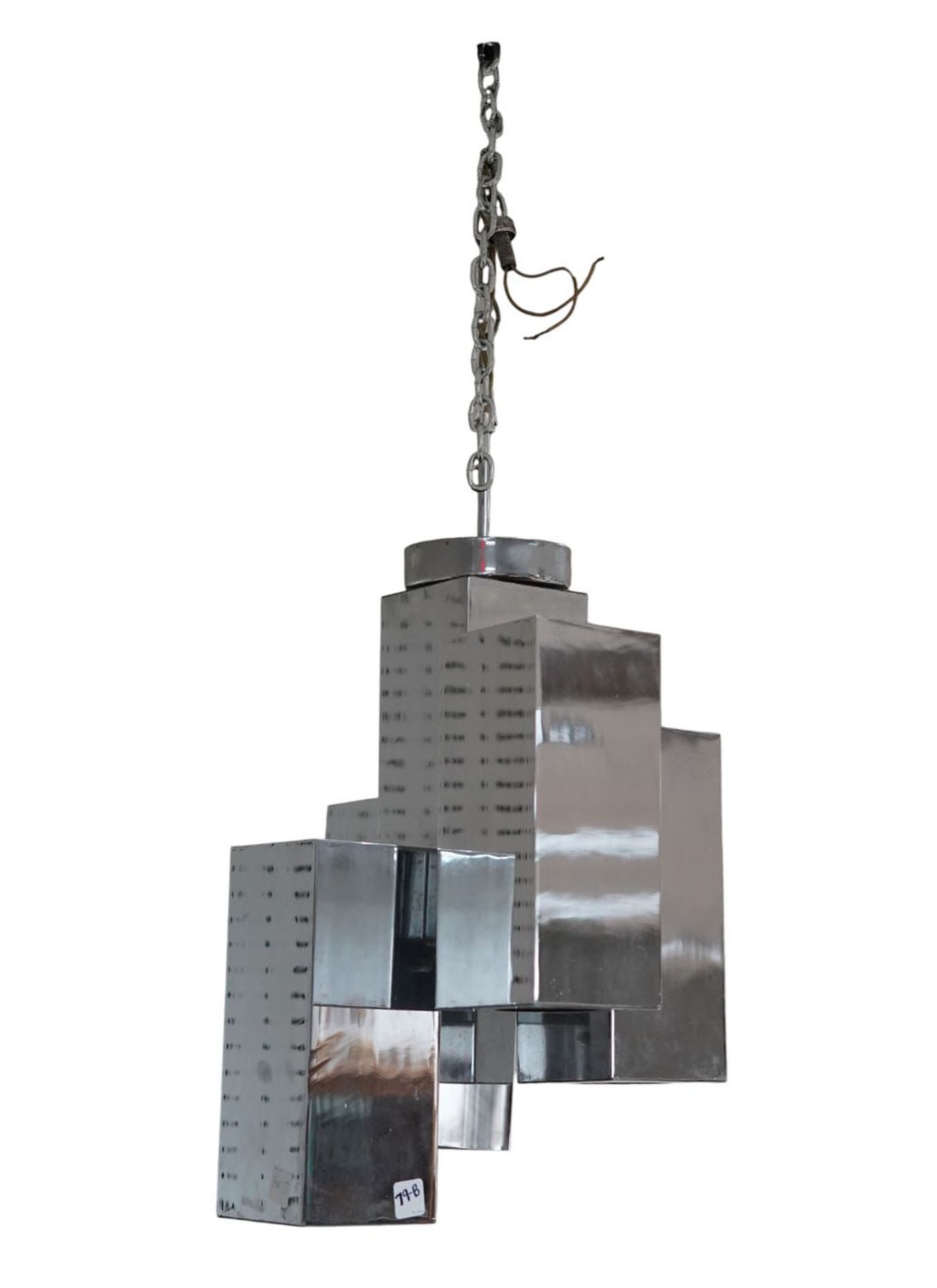 Mid-Century 4-Light Chrome Cubist 'Cityscape' Chandelier - C. Mid-20th century. A modernist: Mid-Century 4-Light Chrome Cubist 'Cityscape' Chandelier - C. Mid-20th century. A modernist four-light chandelier of chromed rectangular forms. Unattributed, in the manner of MCM chrome cubist chandel