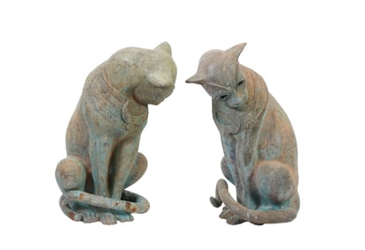 2 Bronze Seated Egyptian Motif Cats with Verdigris Patina, 17"h x 10"w