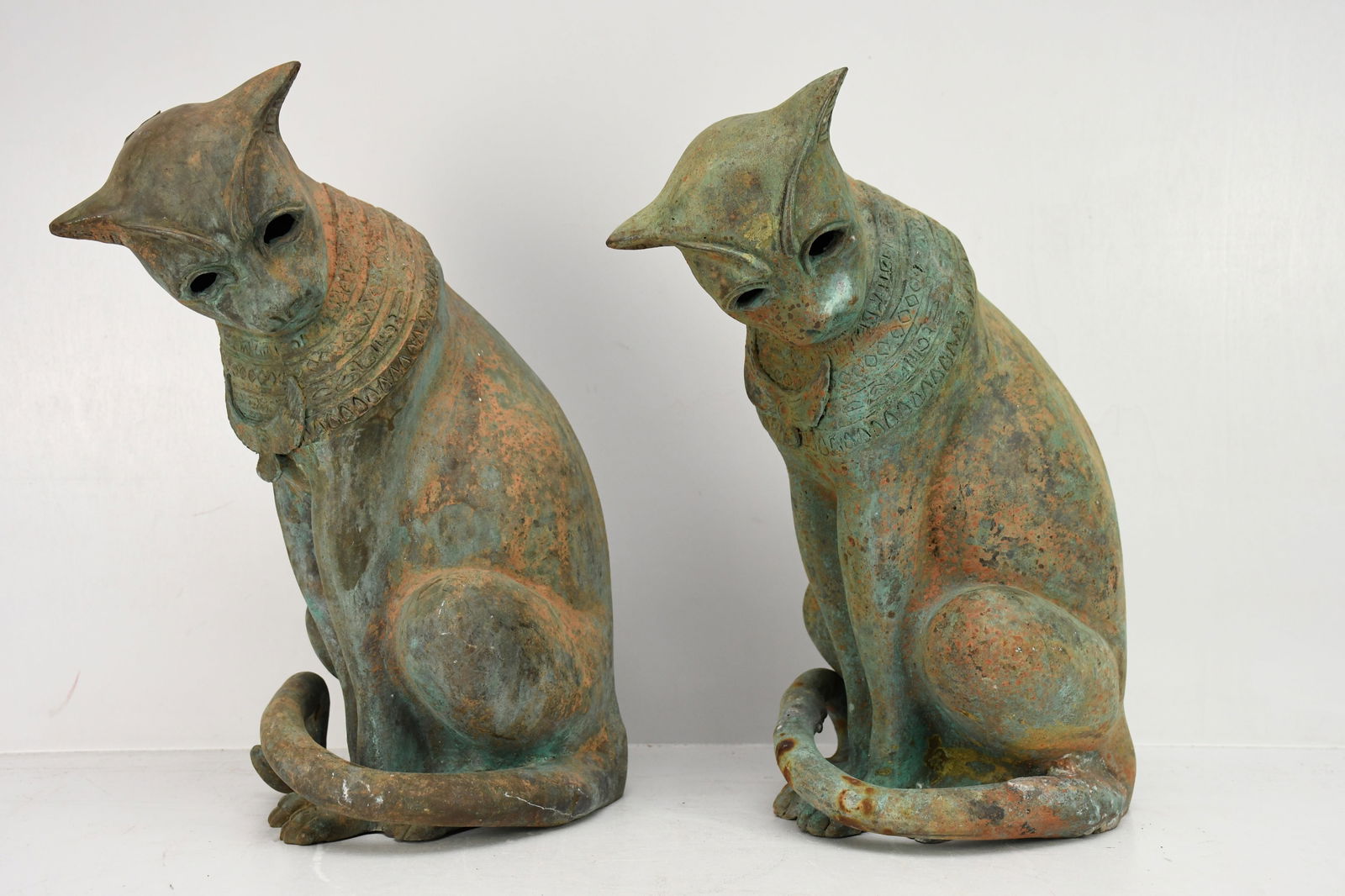 2 Bronze Seated Egyptian Motif Cats with Verdigris Patina, 17"h x 10"w (1 of 8)