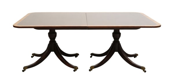Kittinger Dining Table, Mahogany with Banded Border, Double Pedestal With Down Splayed Legs and
