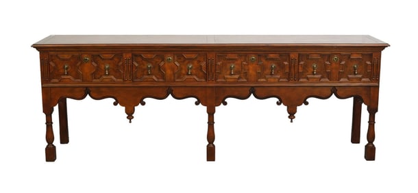 Baker Sideboard with 4 Side by Side Burled Wood Drawer Fronts, Brass Hardware, 5 1/2"h x 100"w x