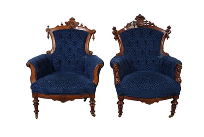2 Victorian Renaissance Revival Arm Chairs, Carved Walnut with Ebony and Gilded Accents.  1 with