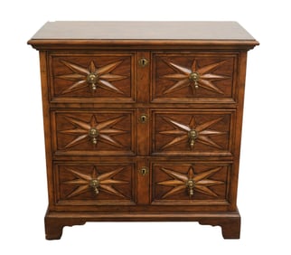Baker 3 Drawer Chest, Applied Starburst on Drawer Fronts, 32"h x 31"w x 15 1/2"d (some damage at