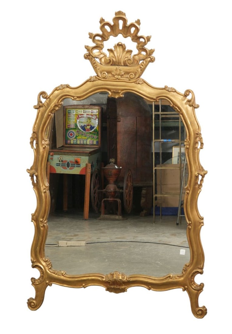 Gilded French Style Framed Mirror with Elaborate Carved Shell/Crown Crest, 64"h x 40"w: Gilded French Style Framed Mirror with Elaborate Carved Shell/Crown Crest, 64"h x 40"w