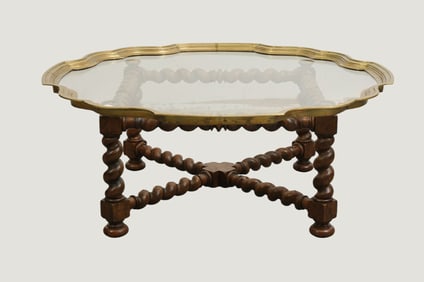 Baker Coffee Table, Wood Spool Form Base with Glass & Brass Trim, Removeable Tray Top