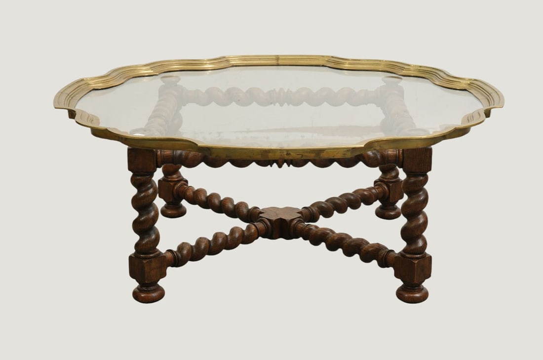Baker Coffee Table, Wood Spool Form Base with Glass & Brass Trim, Removeable Tray Top (1 of 7)