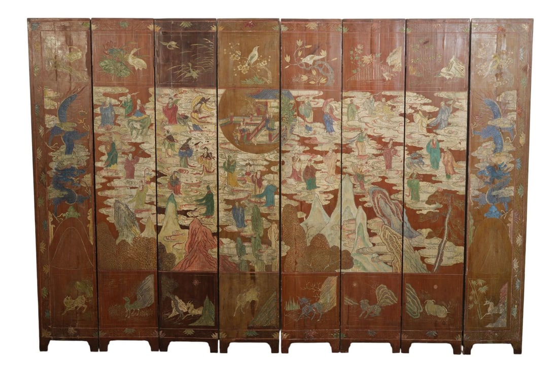 Two 19th c. 4 Panel Antique Chinese Screens, All Matching Carved & Painted on Both Sides, 71"h x (1 of 20)