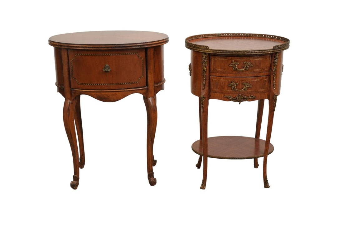 2 Oval French Style Side Tables, 1 With Gallery Rim over 2 Drawers (26"h x 20"w) & 1 with Single (1 of 9)