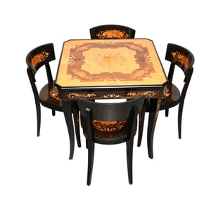 Italian Inlaid Lacquered Game Table, Backgammon, Chess, Checkers & Roulette & 4 Matching Chairs,