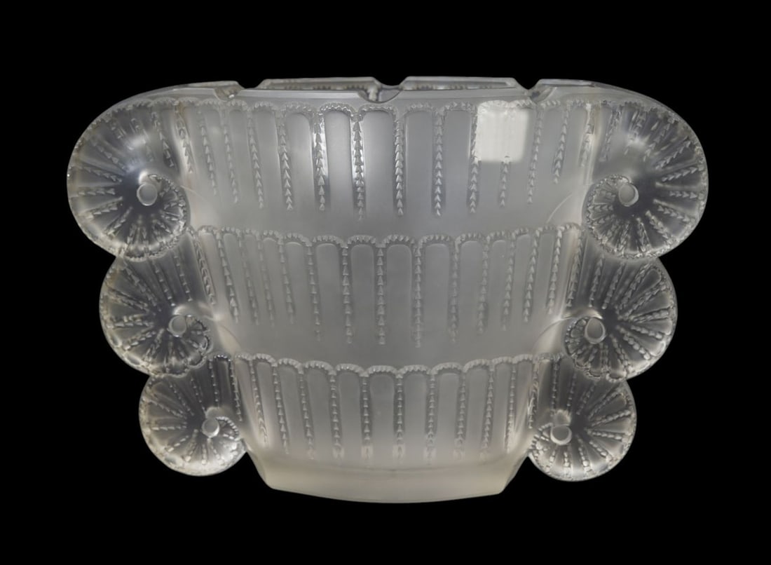 R. Lalique Crystal 'Jaffa' Vase, Signed "R. Lalique France", 1937, 7 3/4"h x 12"w x 5"d (scratches: R. Lalique Crystal 'Jaffa' Vase, Signed "R. Lalique France", 1937, 7 3/4"h x 12"w x 5"d (scratches to bottom)