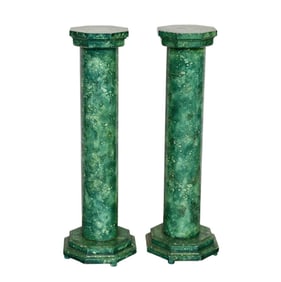 Pair Painted Faux Green Marble Column Pedestals, 42"h x 10" Octagonal Tops