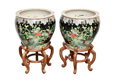 Pair Ceramic Fish Bowls, Black Ground with Multi Color Flower Designs, 18"H x 20 1/2"dia